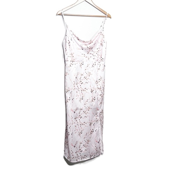 NWT Tsher Satin Midi Dress Floral Print Pink‎ Spaghetti Straps Cowl Neck Slit - Picture 2 of 16